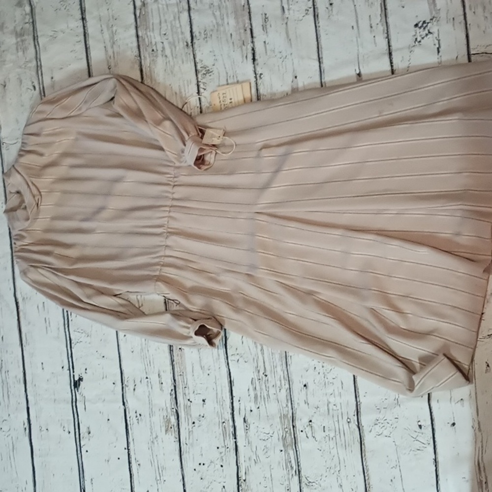 Henry Lee Tan Black Striped Vintage Union Made Long Sleeve Modest Dress 14 NWT